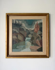 Framed vintage oil painting of a rocky gorge landscape in an original vintage gilt frame. Available at Hue. 