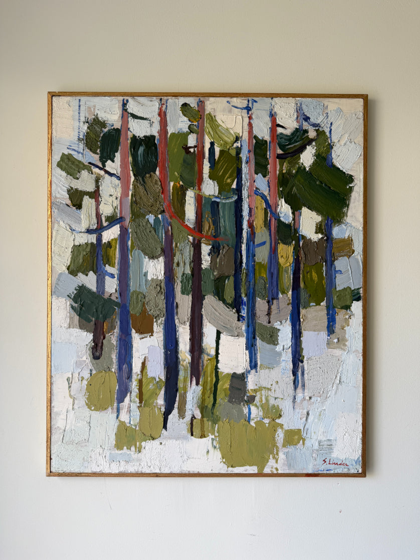 An abstract vintage forest painting in a simple wooden frame. The painting features vertical tree trunks in shades of blue, green, and brown, with textured brushstrokes of white, gray, and olive green. Available at Hue. 