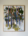 An abstract vintage forest painting in a simple wooden frame. The painting features vertical tree trunks in shades of blue, green, and brown, with textured brushstrokes of white, gray, and olive green. Available at Hue. 