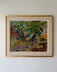 A framed vintage impressionist landscape painting of a garden with trees, flowers, and houses. Available at Hue. 