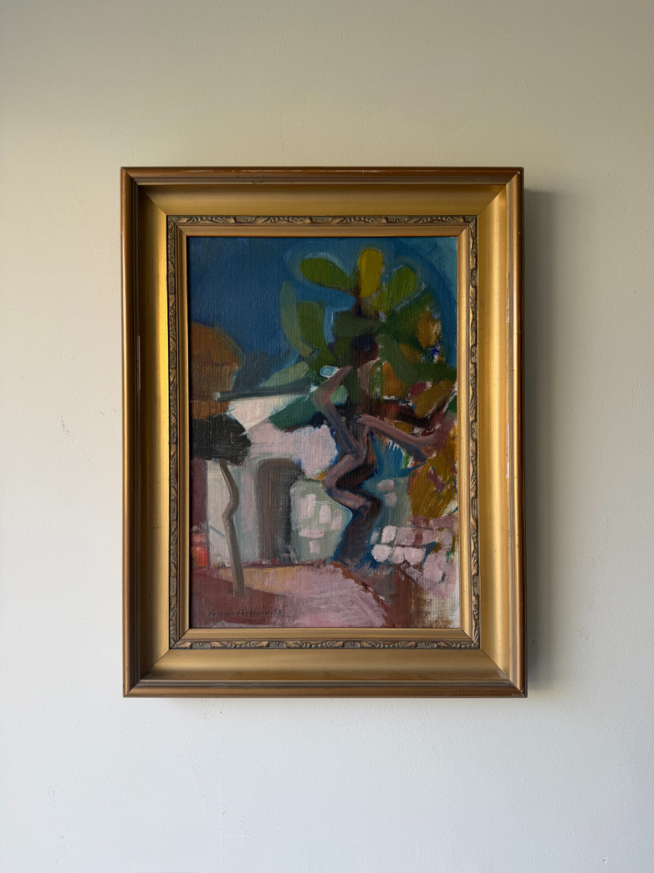 A framed vinatge painting depicting a semi-abstract outdoor scene with a twisted old tree and a white house, housed in a gold frame. Available at Hue. 
