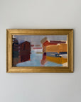 A framed vintage abstract painting depicting stylized architectural forms in warm and cool tones, housed in a gold frame. Available at Hue.