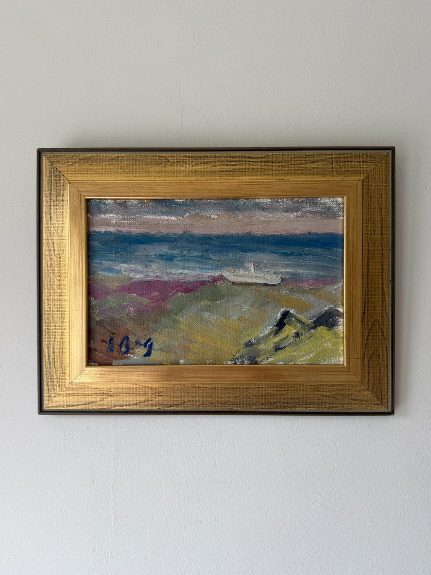 Small framed vintage landscape oil painting of a loose, semi-abstract coastal secne. Available at Hue. 