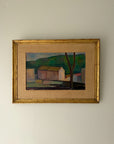 A framed vintage landscape painting featuring a stylized house, tree, and green hills. Available at Hue.
