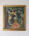 A framed vintage impressionist landscape painting of a forest path, featuring green and brown trees with orange and yellow highlights, enclosed in a gold frame. Available at Hue. 
