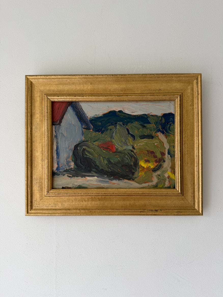 A small vintage framed painting with an abstract landscape scene, housed in a gold-toned wooden frame. Available at Hue.