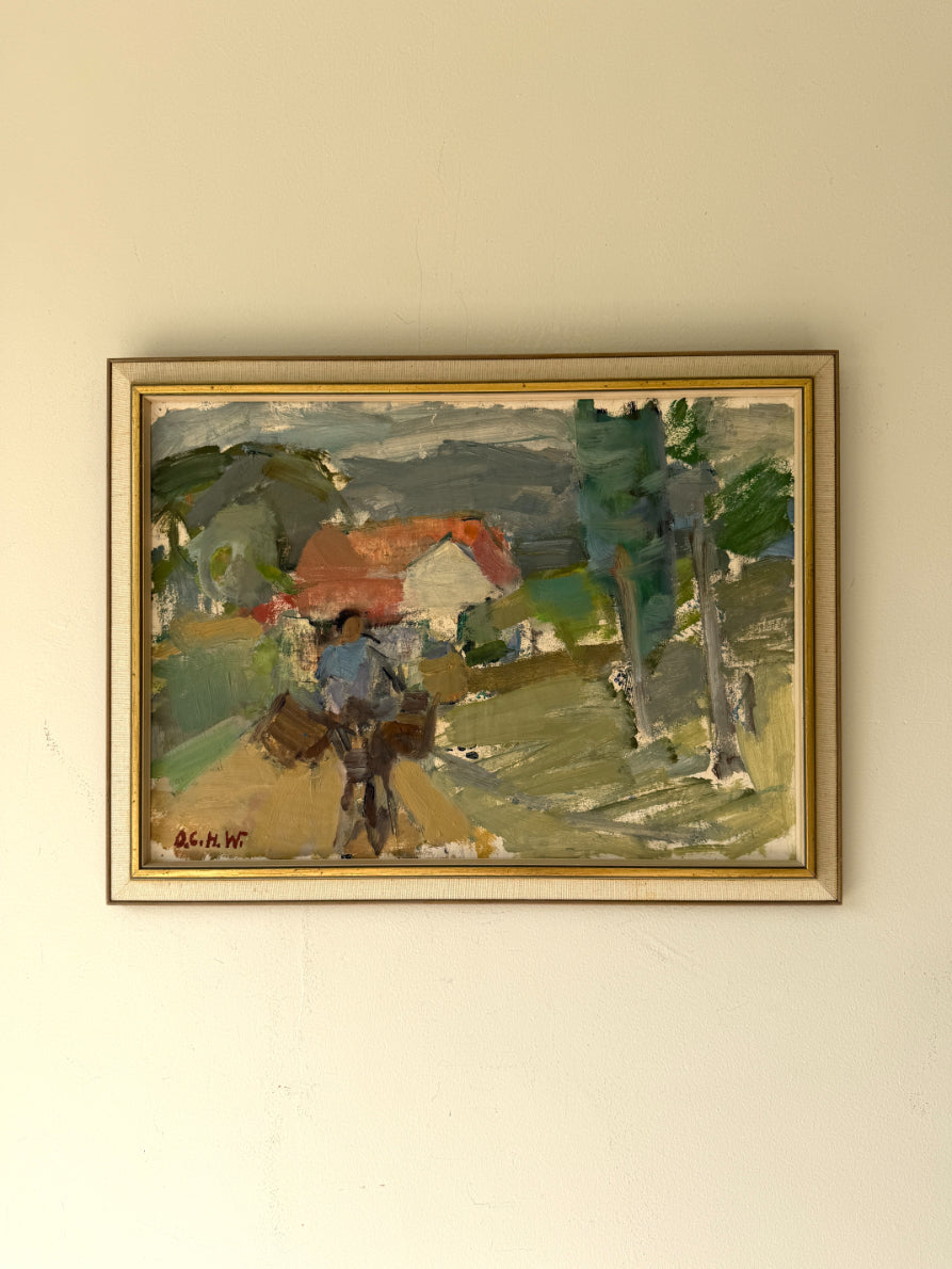 A framed vinatge impressionist landscape painting. The painting depicts a rural scene with a figure and horse, green trees, a house with a red roof, and distant hills. Available at Hue.