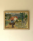 A framed vinatge impressionist landscape painting. The painting depicts a rural scene with a figure and horse, green trees, a house with a red roof, and distant hills. Available at Hue.