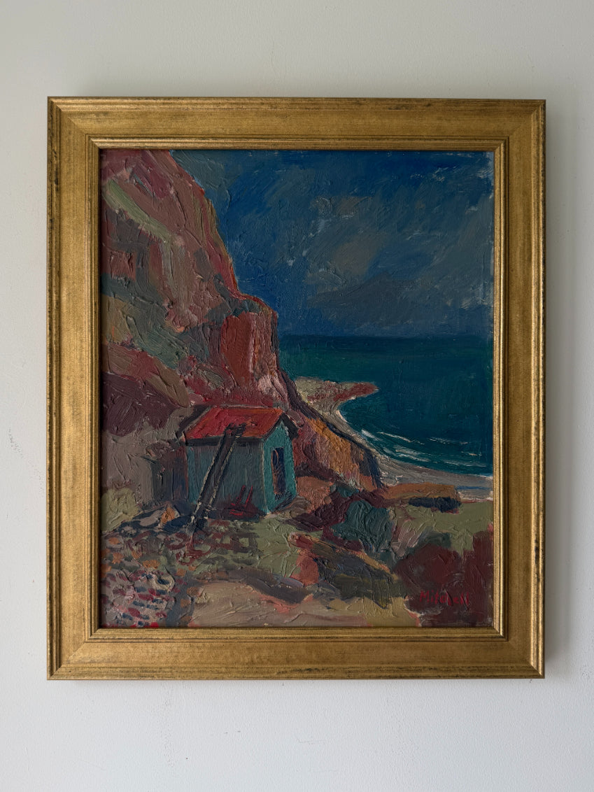 Framed vintage min-century oil painting of a coastal landscape. Available at Hue. 