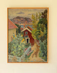 Framed vintage oil painting of a red cottage by the sea with sunflowers and summer vegetation. Available at Hue. 