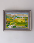 Framed vintage oil painting of a summer landscape with bright greens and yellows. Available at Hue. 