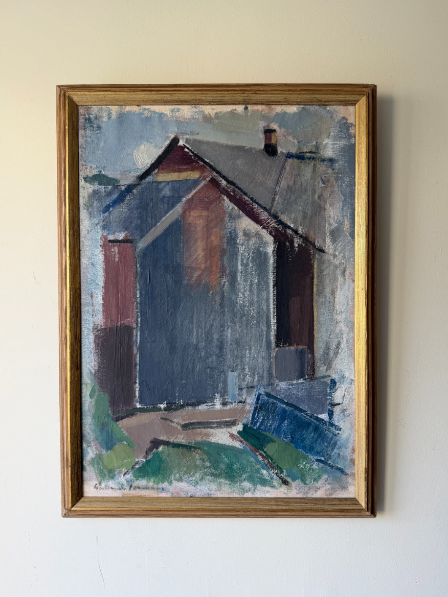 A framed vinatge oil painting of a house with blue-gray walls, a dark roof, green ground, and a gold frame. Available at Hue. 