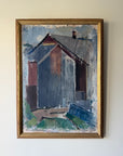 A framed vinatge oil painting of a house with blue-gray walls, a dark roof, green ground, and a gold frame. Available at Hue. 