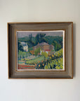 A framed vintage landscape oil painting. The painting depicts mature gardens and a country house, enclosed in a rustic wooden frame. Available at Hue. 