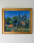 Framed vintage oil painting of a landscape with rural houses and trees under a vivid blue sky. Available at Hue. 
