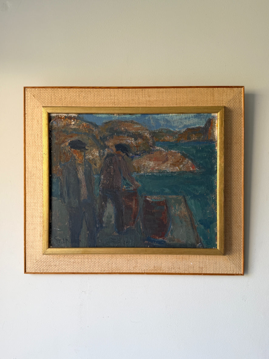 A framed vintage oil painting depicting two fishermen near a body of water. Available at Hue. 