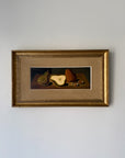 A framed vintage mid-century still life oil painting featuring pears and acorns on a table. Available at Hue. 