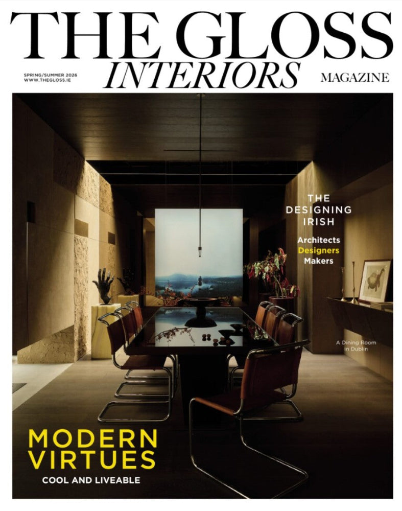 The Gloss Interiors spring summer 2026 magazine cover featuring modern Irish interior design, included in the Hue + Holasz press archive.