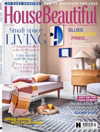 House Beautiful May 2024 magazine cover featuring a colourful modern living room with vintage-inspired artwork and furnishings. Press featuring Hue