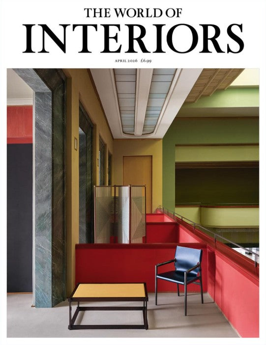 The World of Interiors April 2026 magazine cover featuring a striking modern interior, included in the Hue + Holasz press archive.